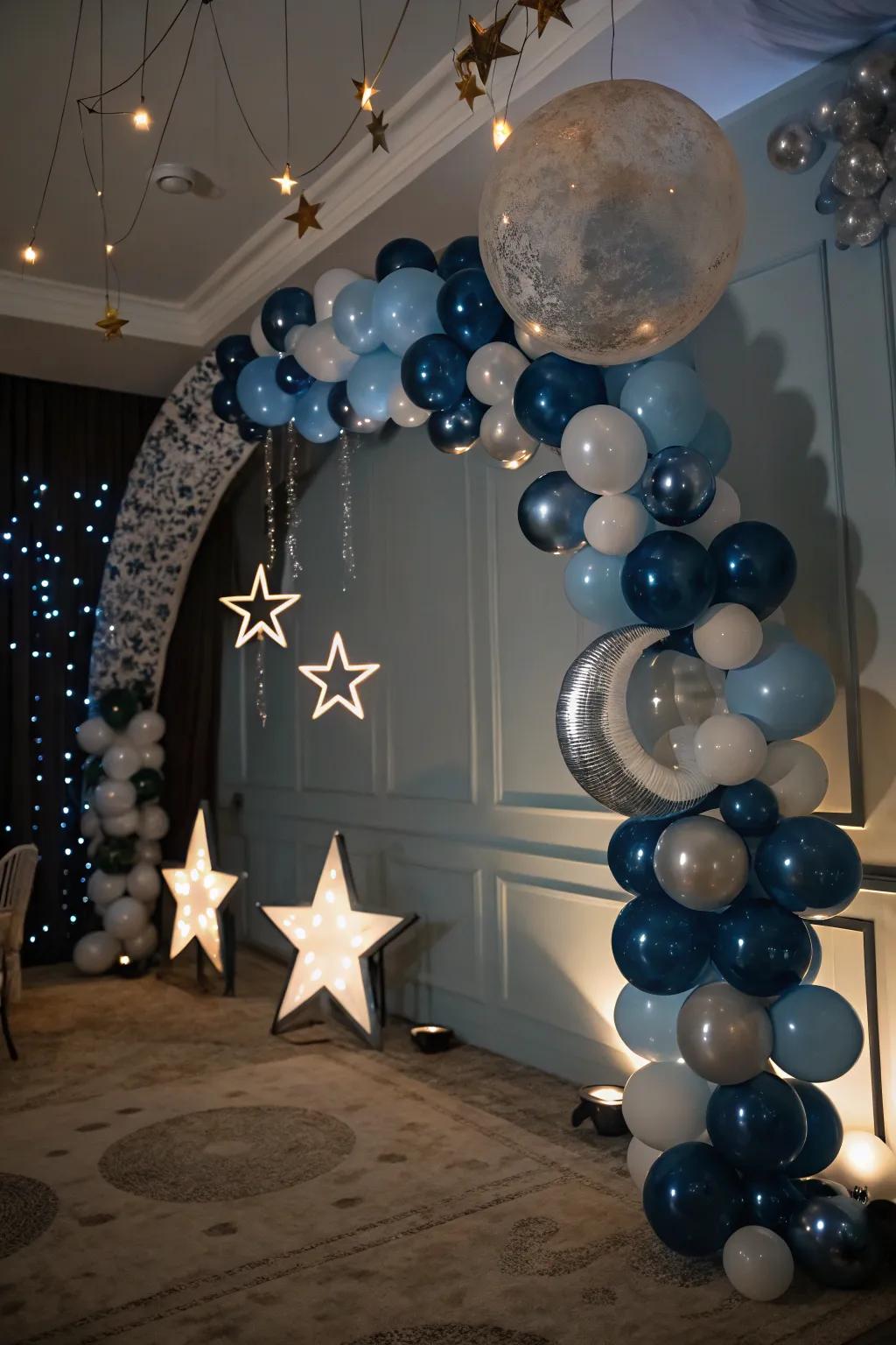 Starry night balloon garland giving a celestial feel.