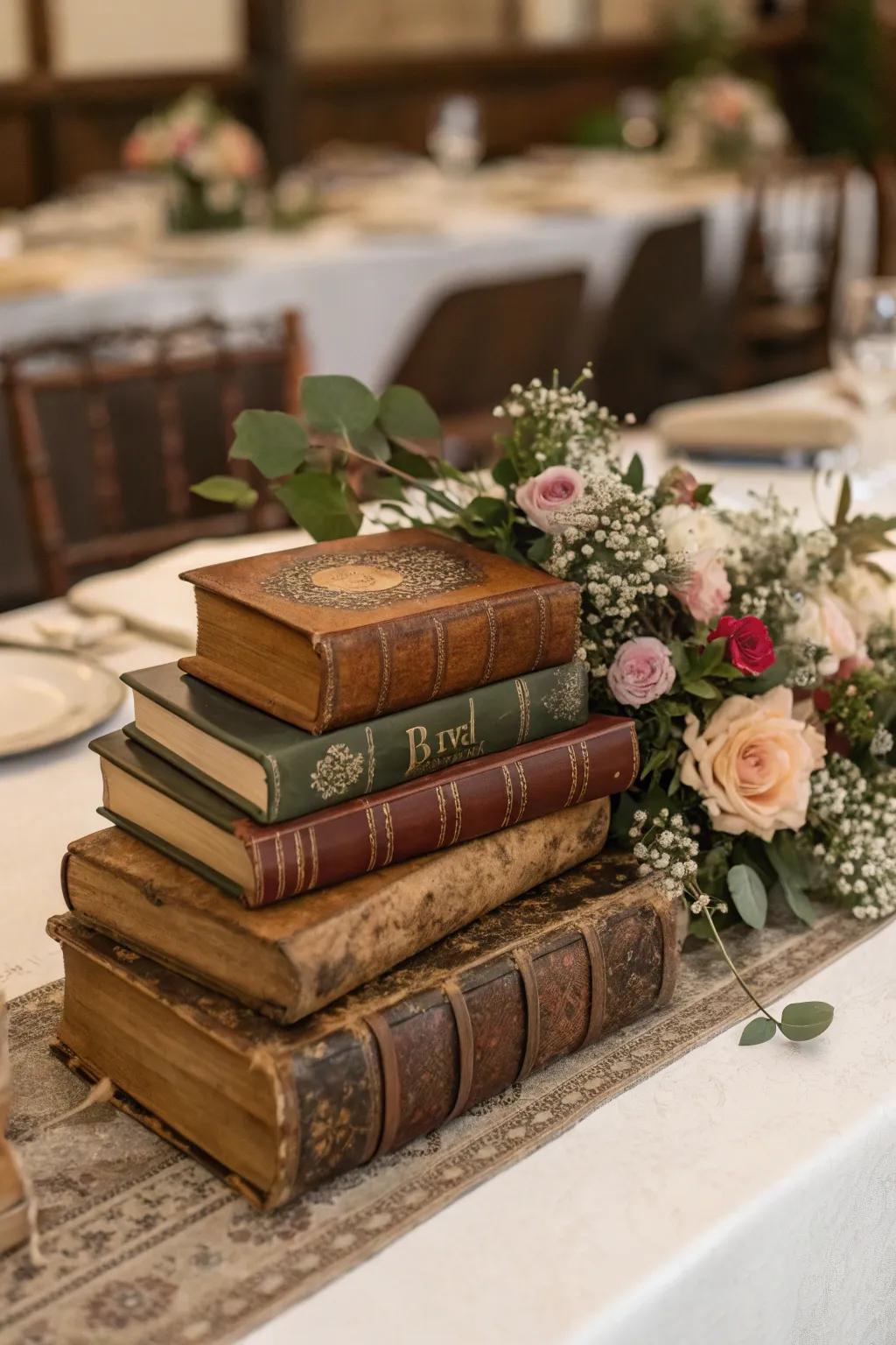 Vintage books injecting personality into the centerpiece.