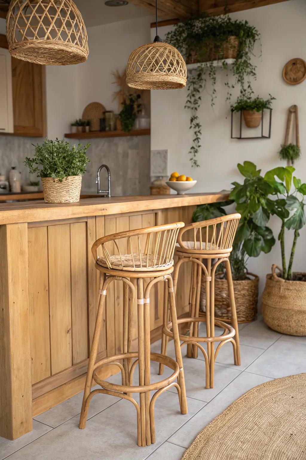 Bamboo bar stools for an eco-friendly touch.