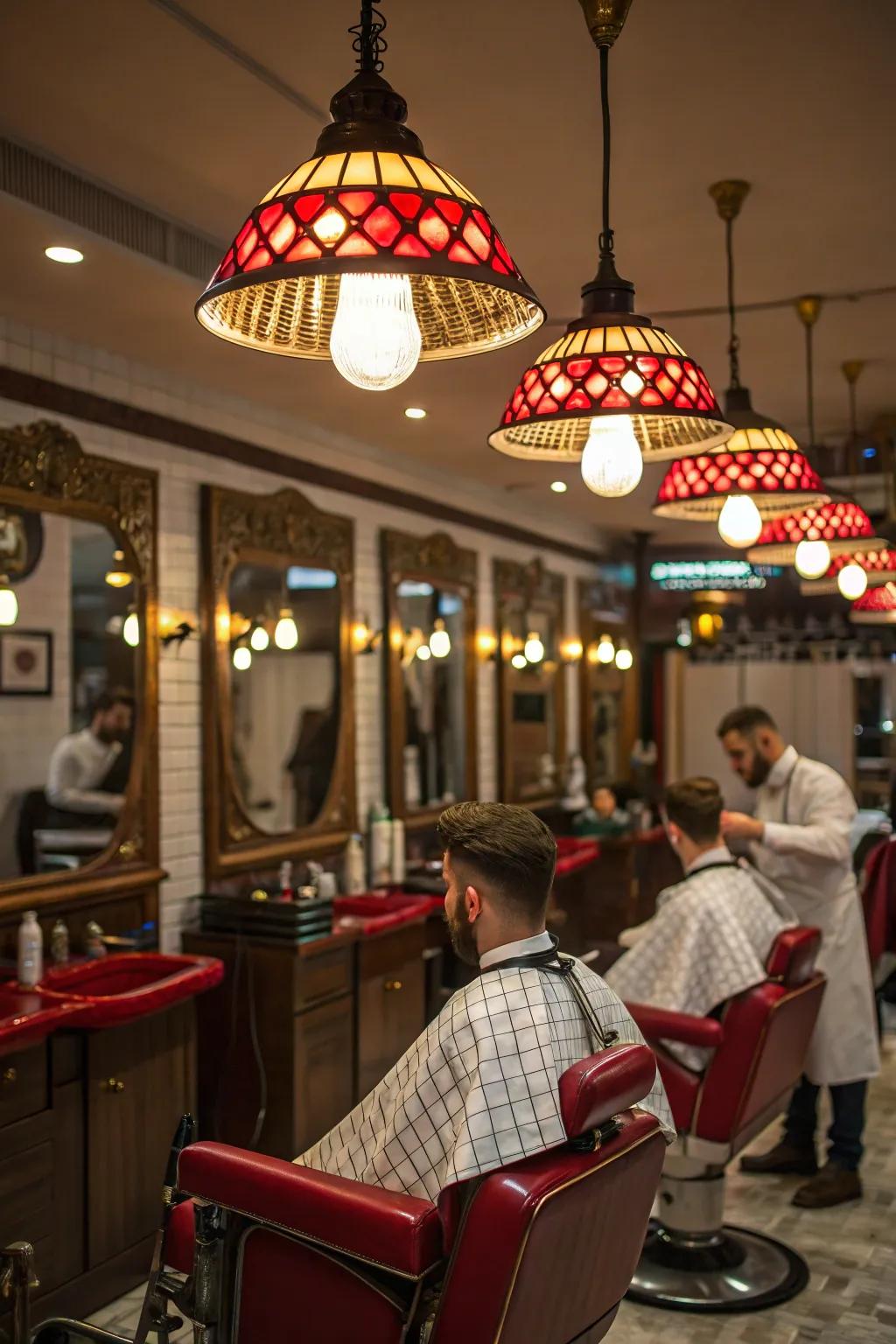 Pendant lights through a singular twist injecting intrigue to a barbershop.