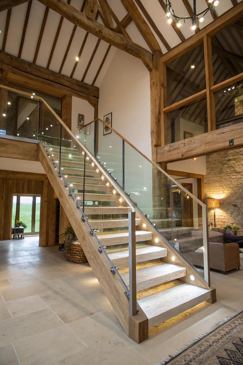 Glass balustrades introduce luminosity and contemporary flair to barn stairs.