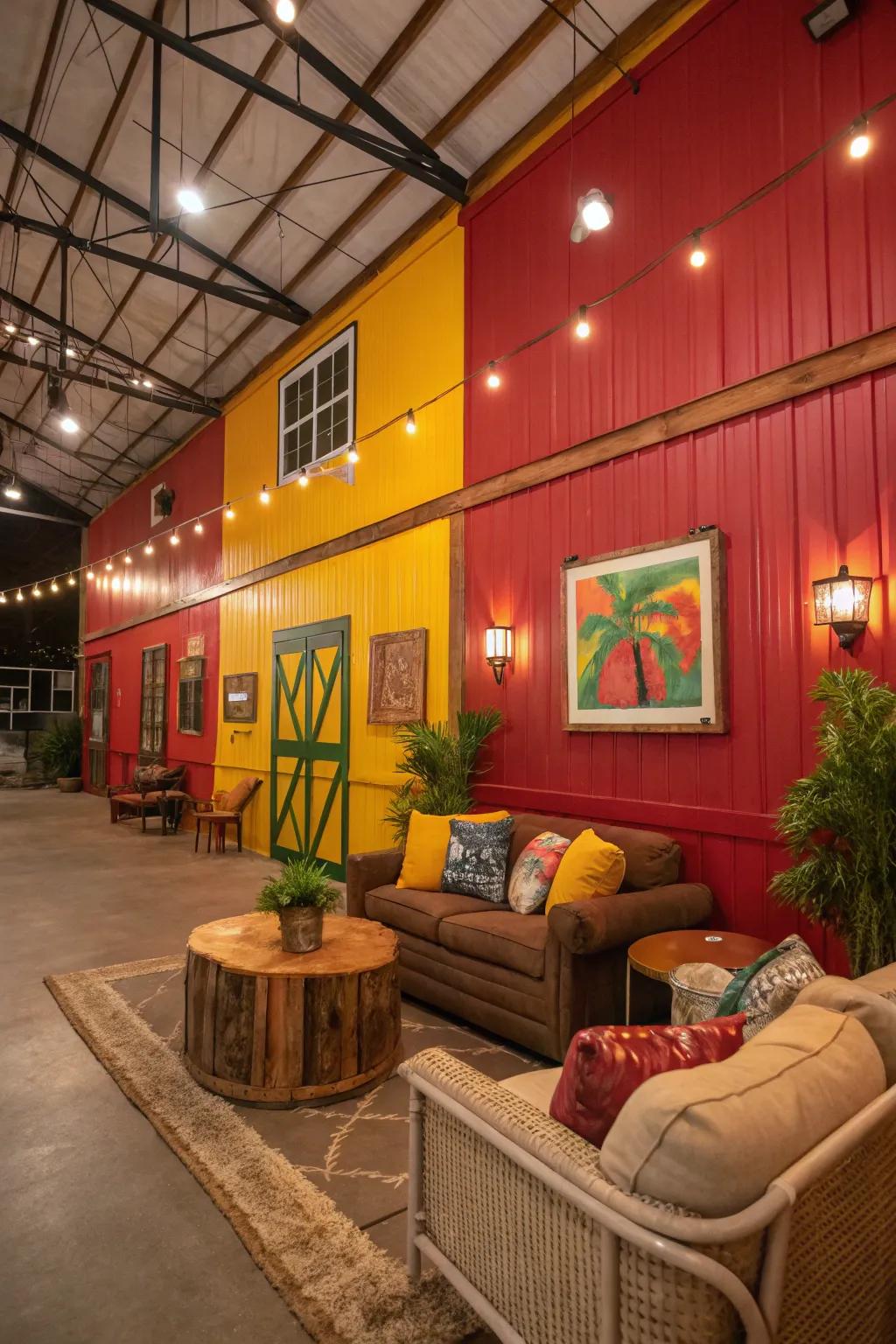A splash of audacious color bringing life to this barndominium's interior.