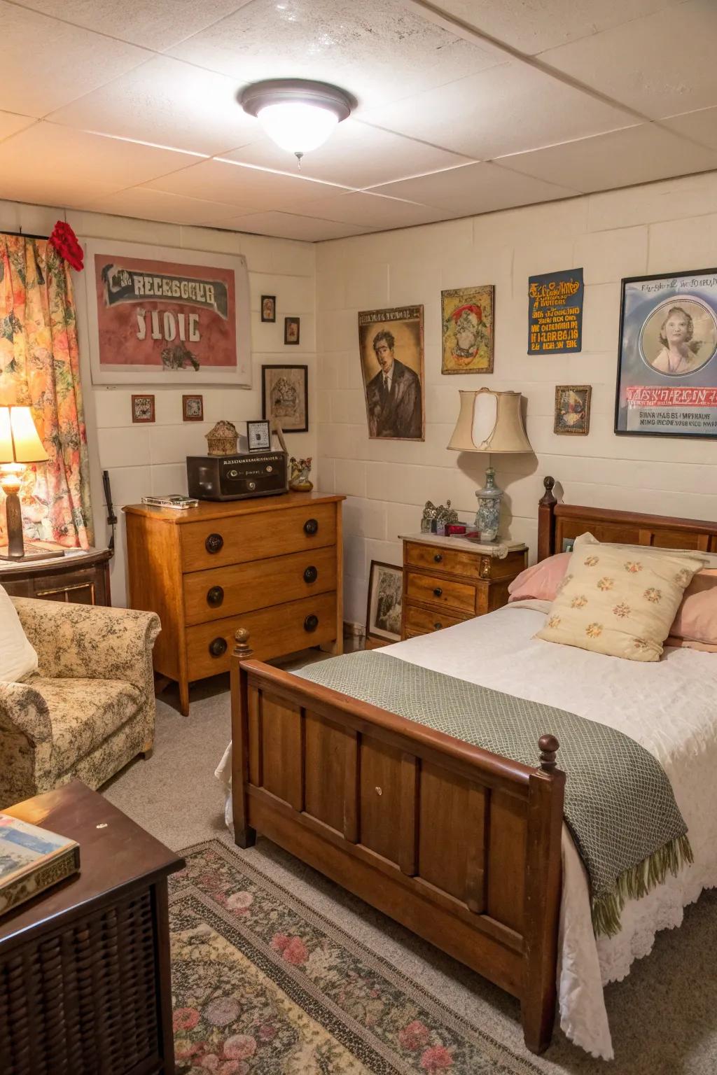 Vintage finds can infuse allure and individuality into your basement bedroom.