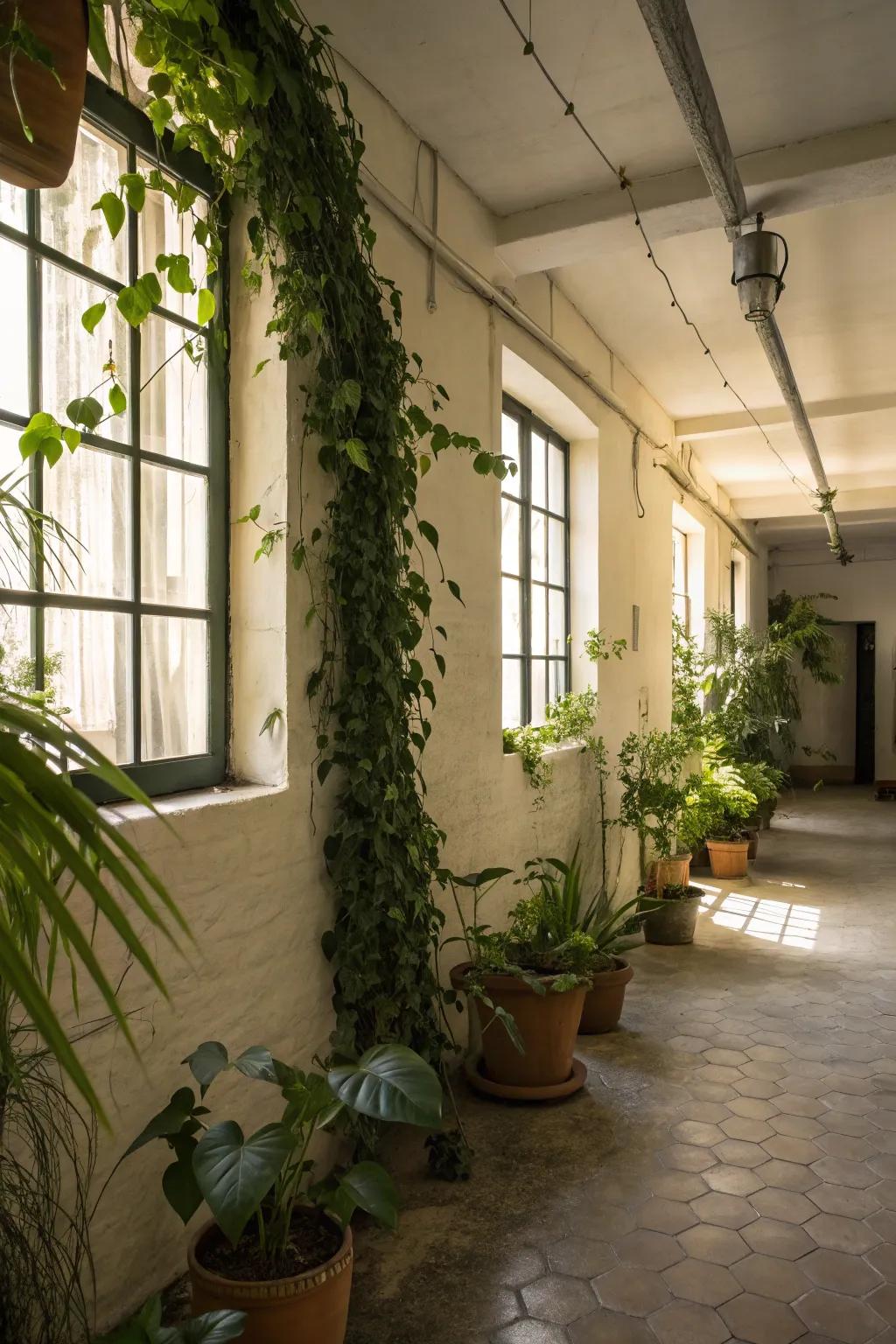 Develop a tranquil and natural atmosphere with greenery and wood textures.