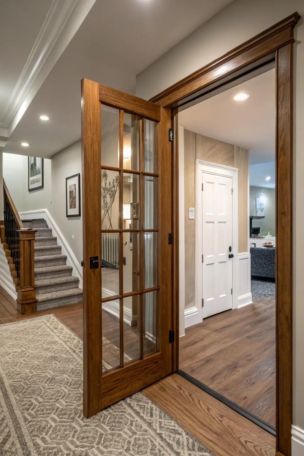 A combination of traditional wood and modern glass results in a harmonious door design.