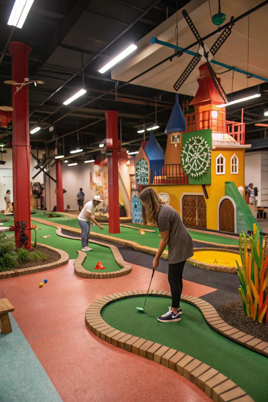 An indoor mini golf course introduces a unique twist to your entertainment center.
