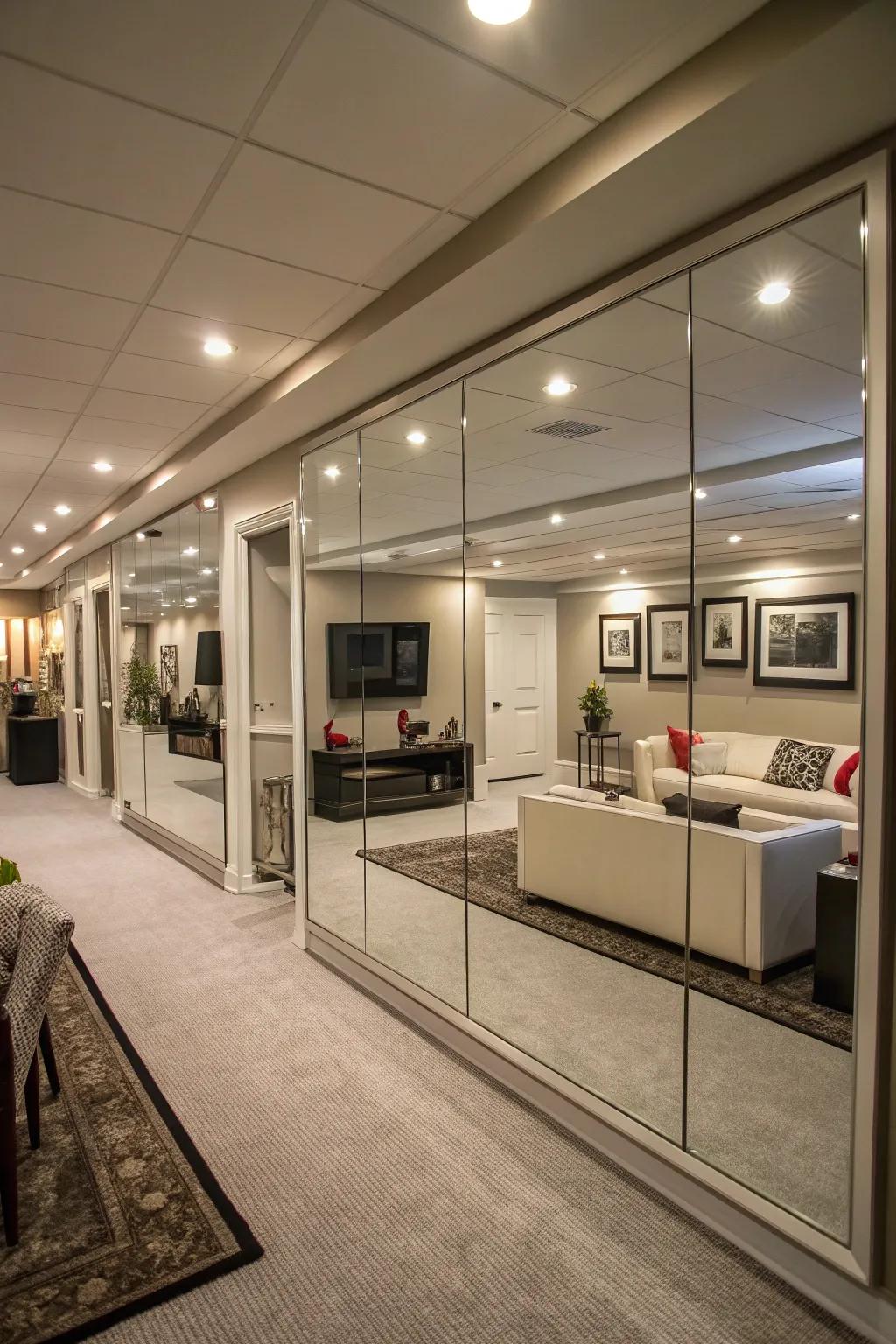 Mirror panels enhance space and light in compact basement areas.