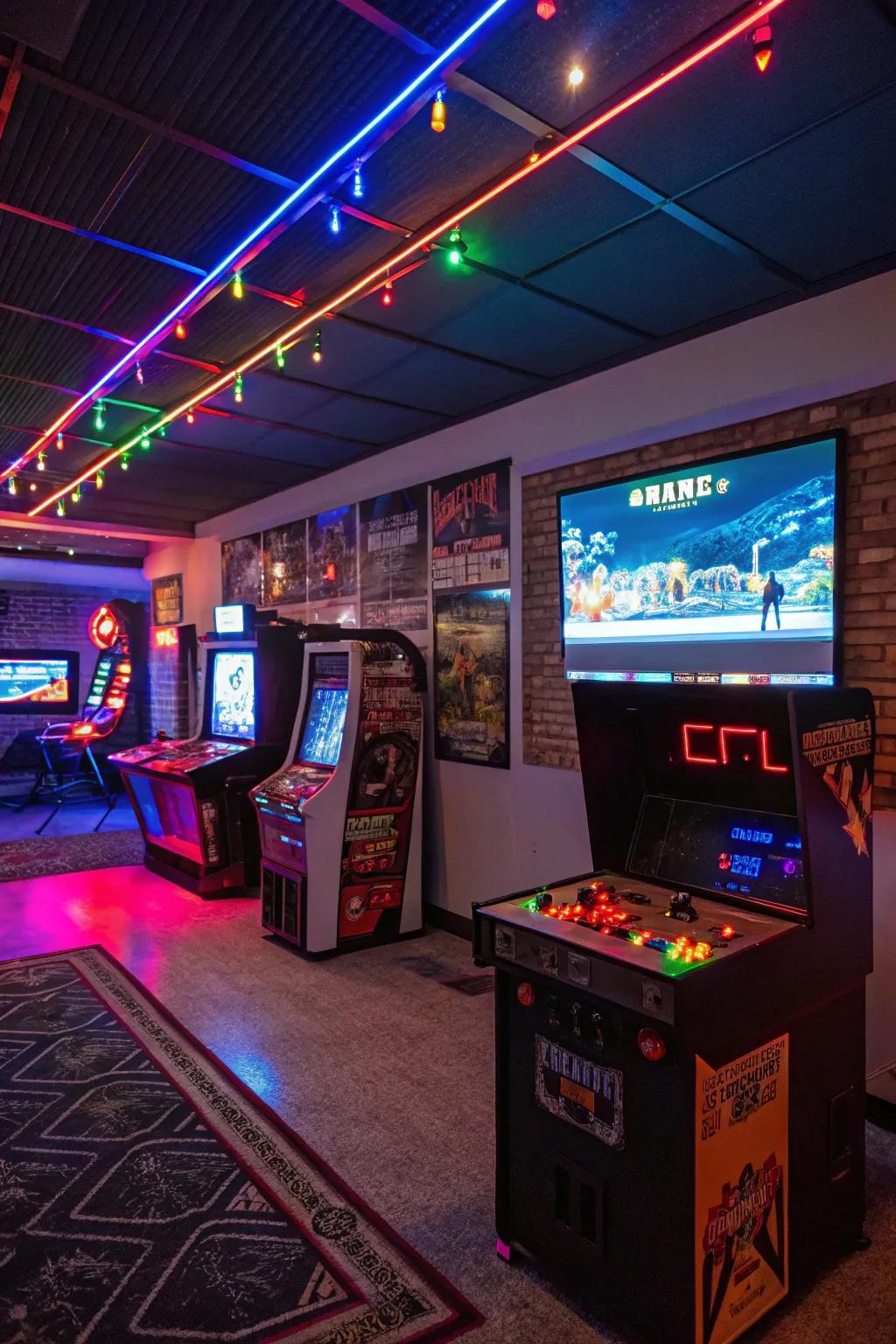A lively game room is situated in the basement, highlighted by arcade games and vibrant LED lighting.