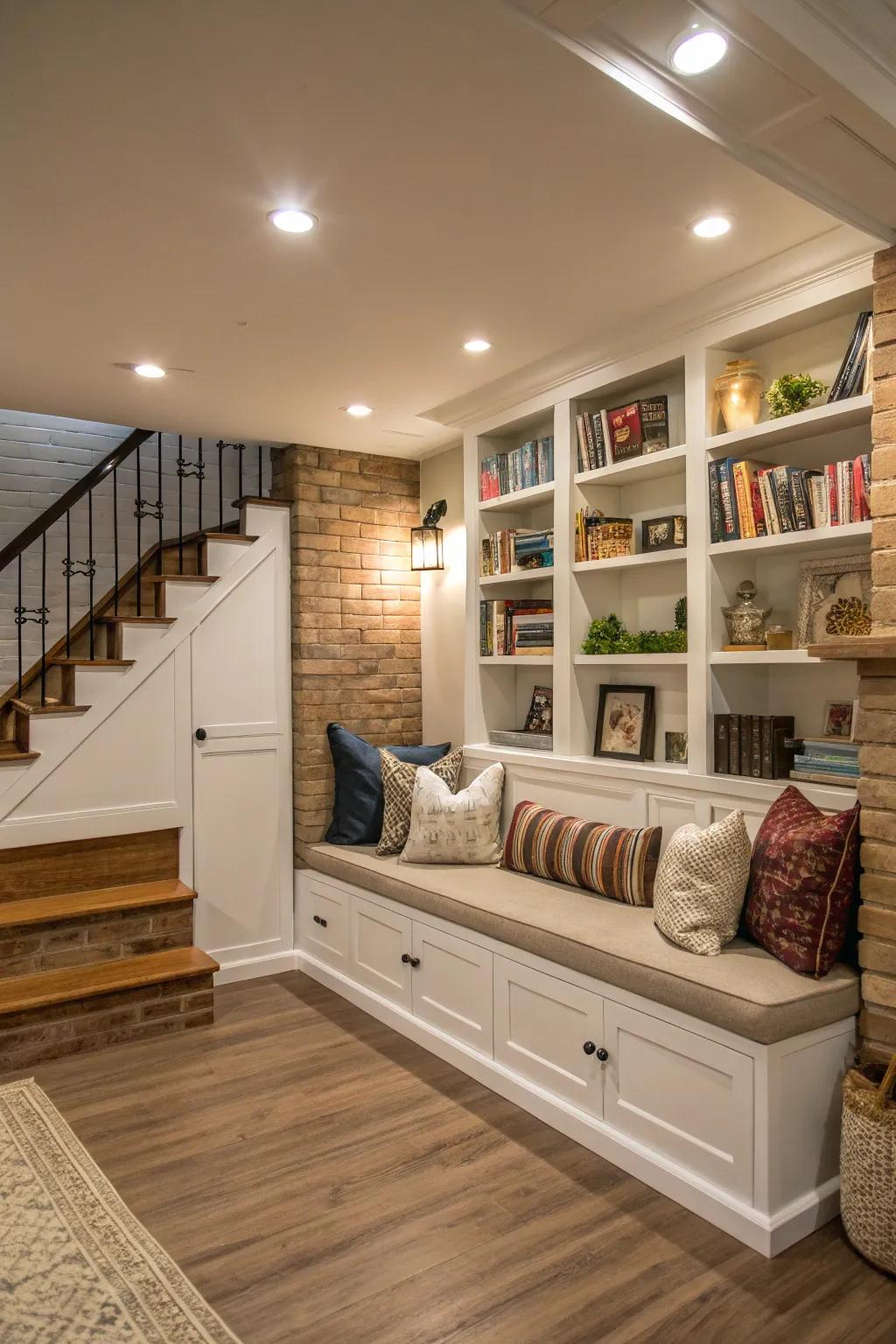 Shelving with integrated seating creates a versatile and practical space.