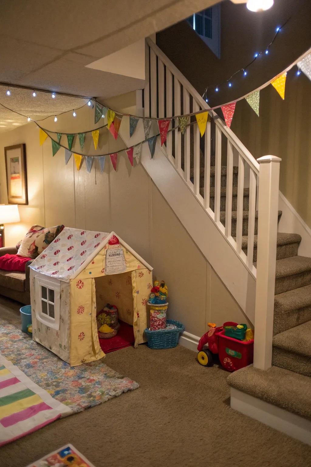 An under-stairs toy room is a whimsical retreat for youngsters.