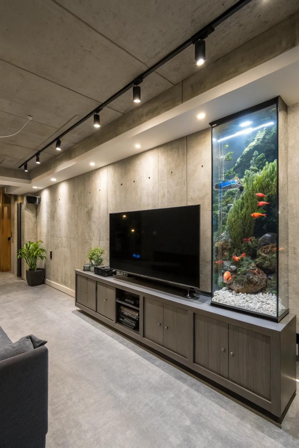 A basement TV feature complemented by an adjacent aquarium for a unique and calming effect.
