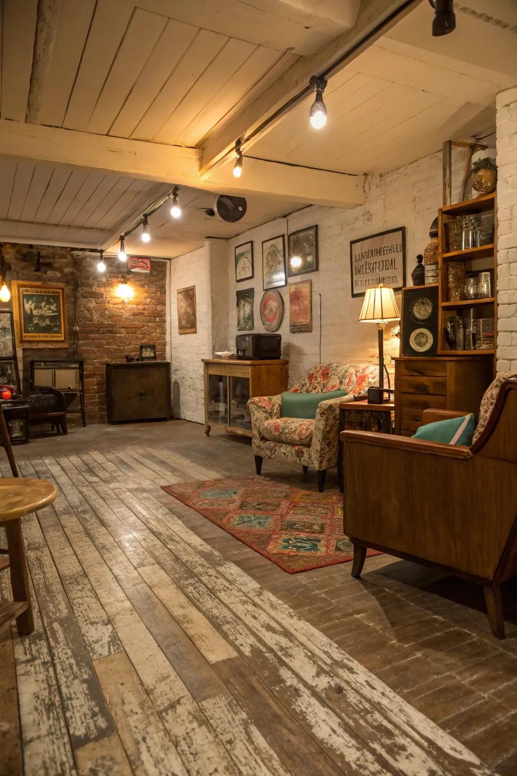 Vintage charm is added by weathered vinyl flooring.