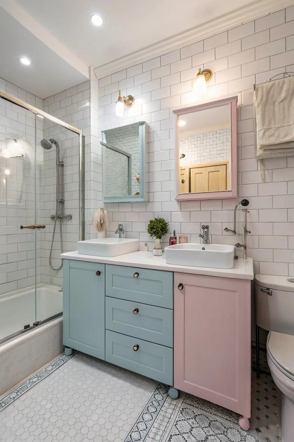 Pastel shades introduce a subtle, calming essence to the bathroom.