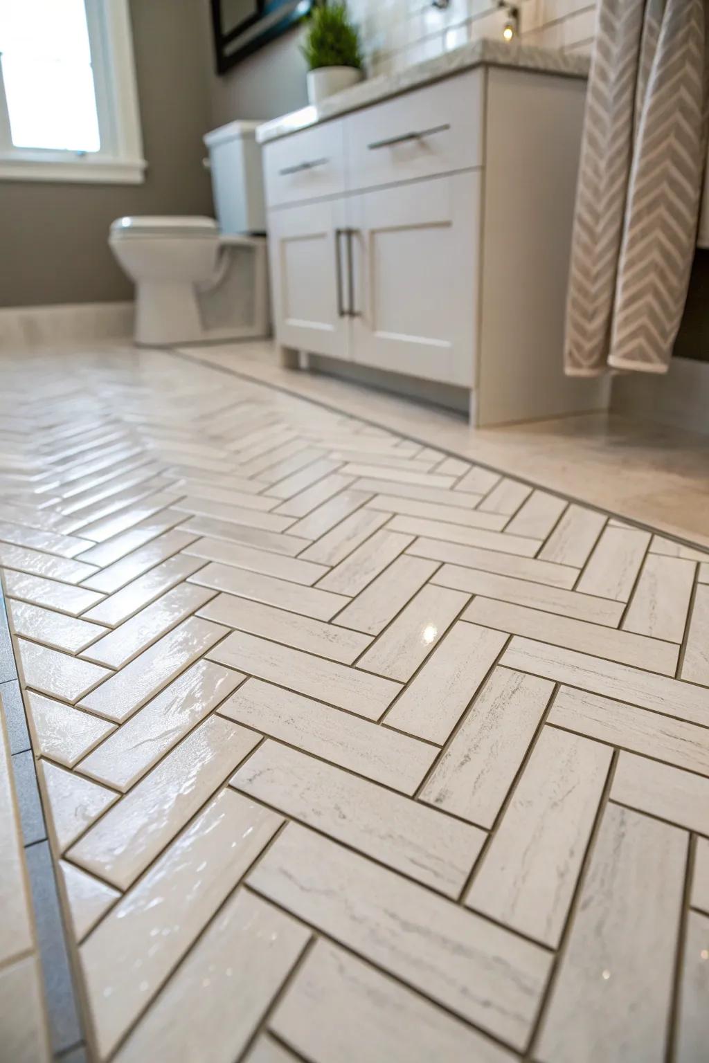 Herringbone tiling appends grandeur and refinement to every restroom.