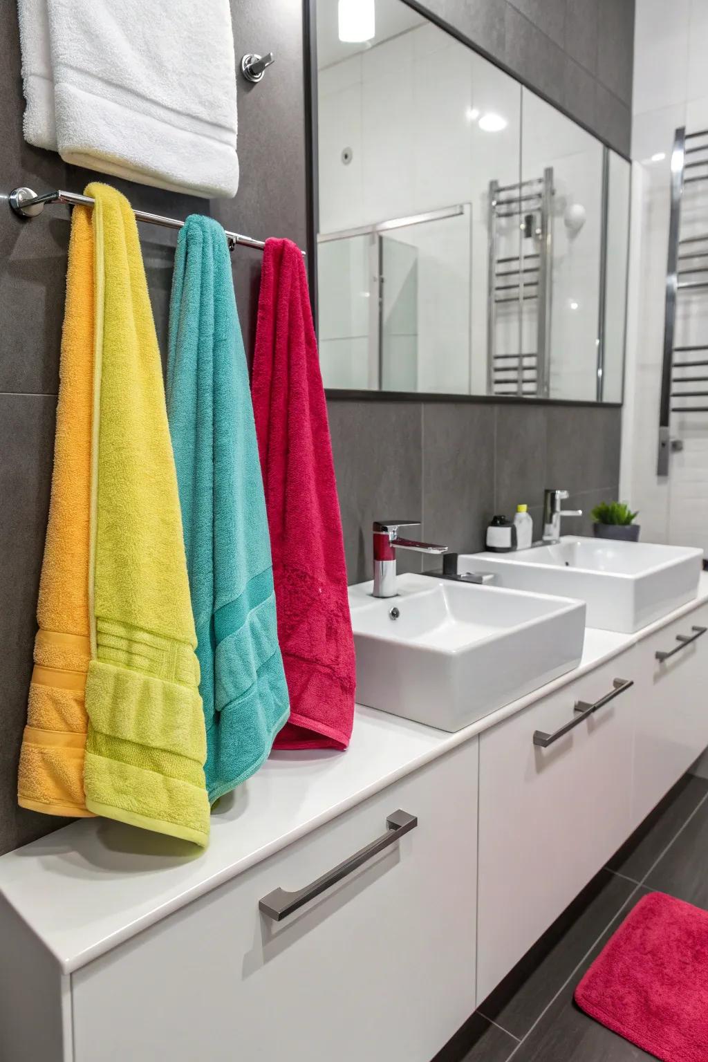 Introduce color with vibrant hand towels for a lively effect.