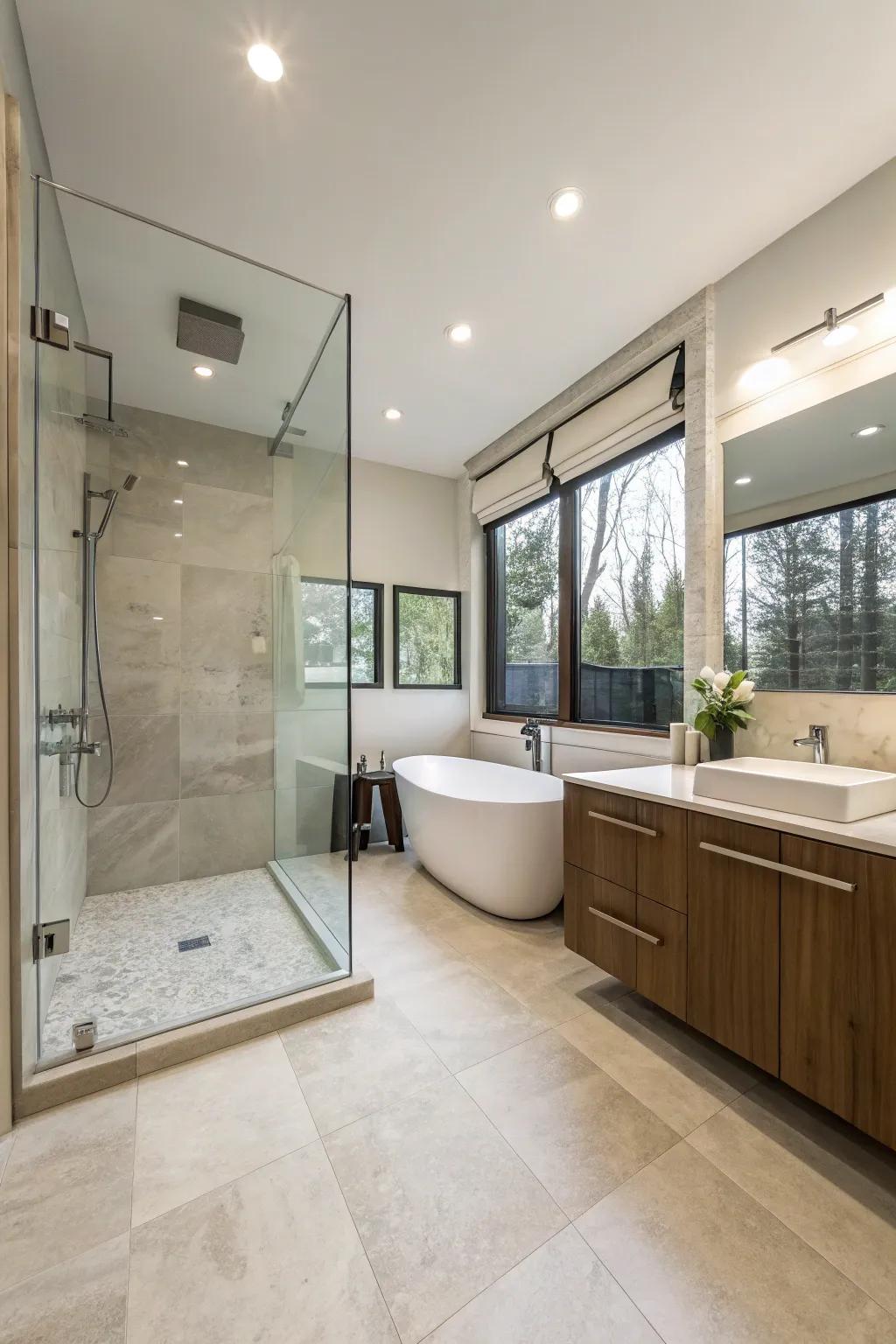 A bathroom layout that achieves seamless flow with consistent flooring.