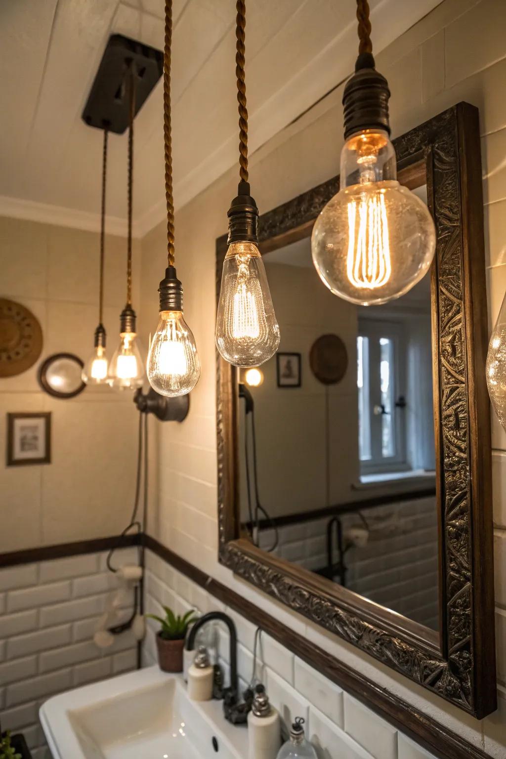 Old time bulbs bring nostalgic charm to bathroom lighting.