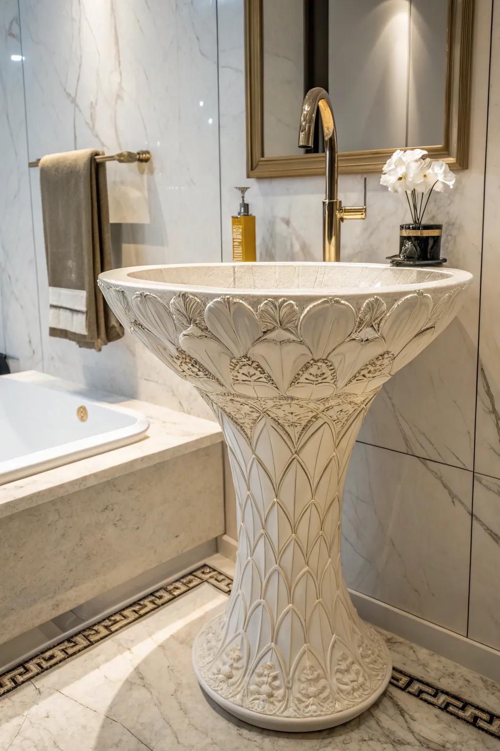 A sculpted sink becomes an artistic centerpiece in the bathroom.