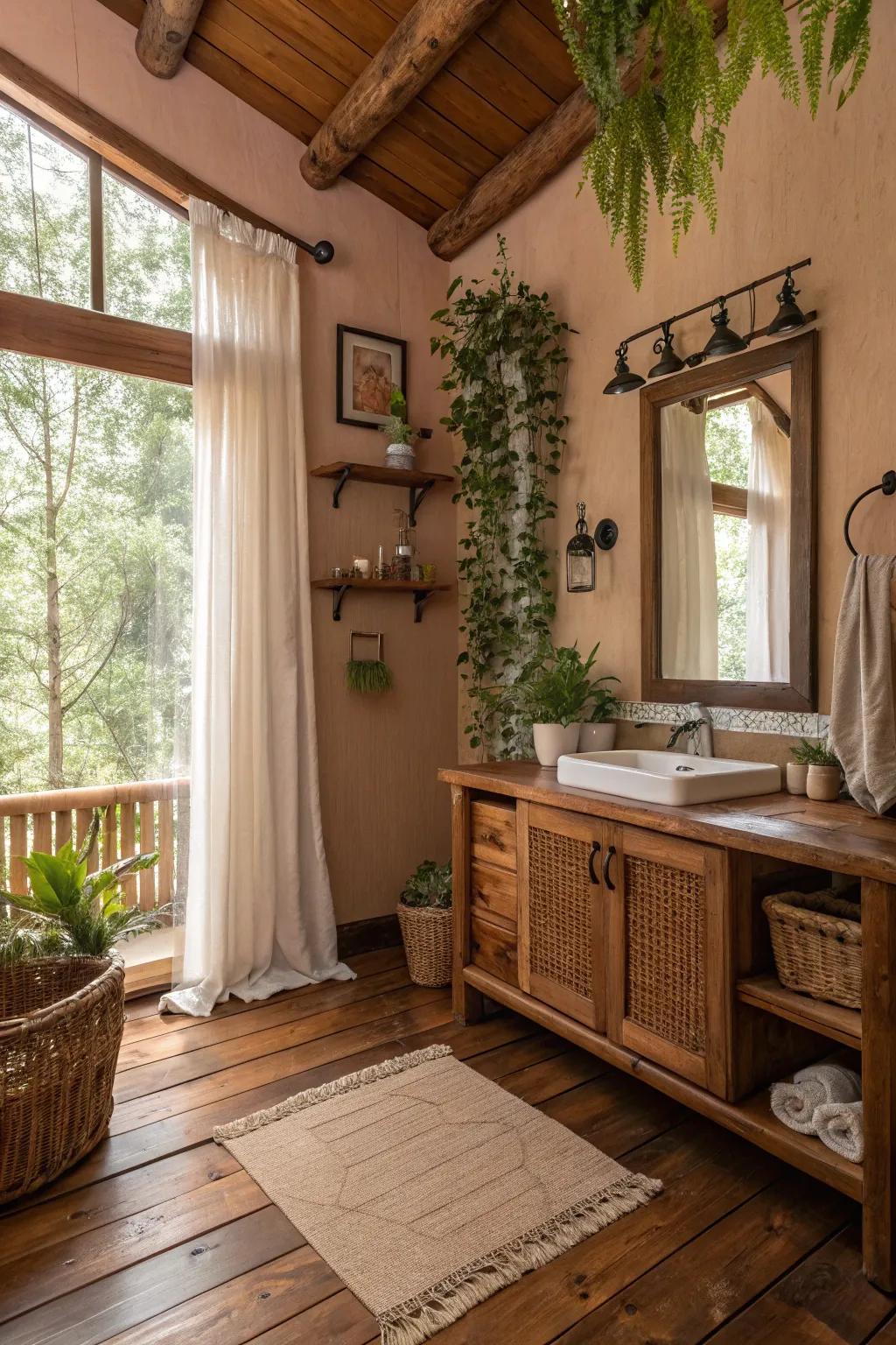 Transform your bathroom into a cozy forest hideaway with natural materials.
