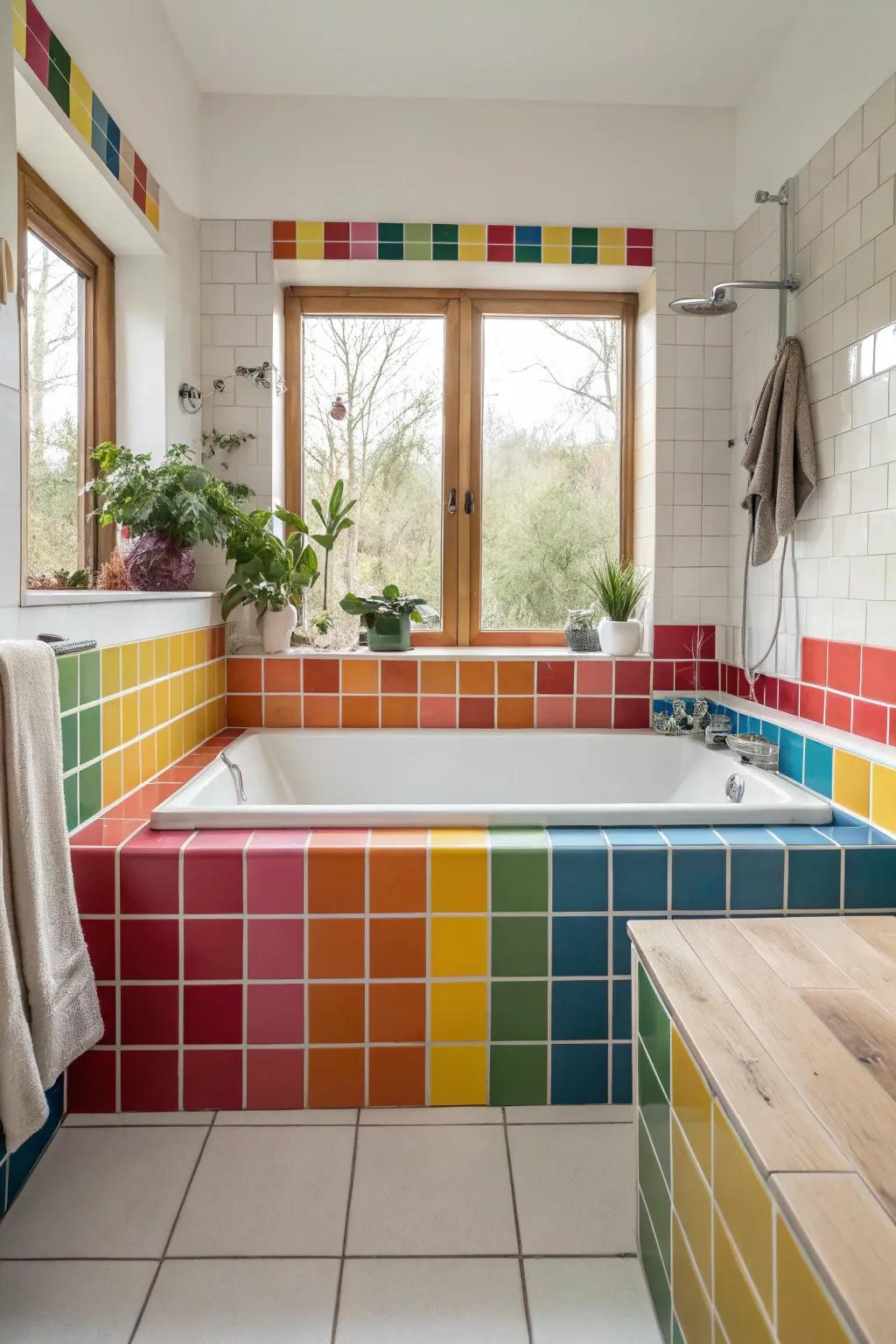 Introduce energy with vibrant color-blocking surrounding the tub.