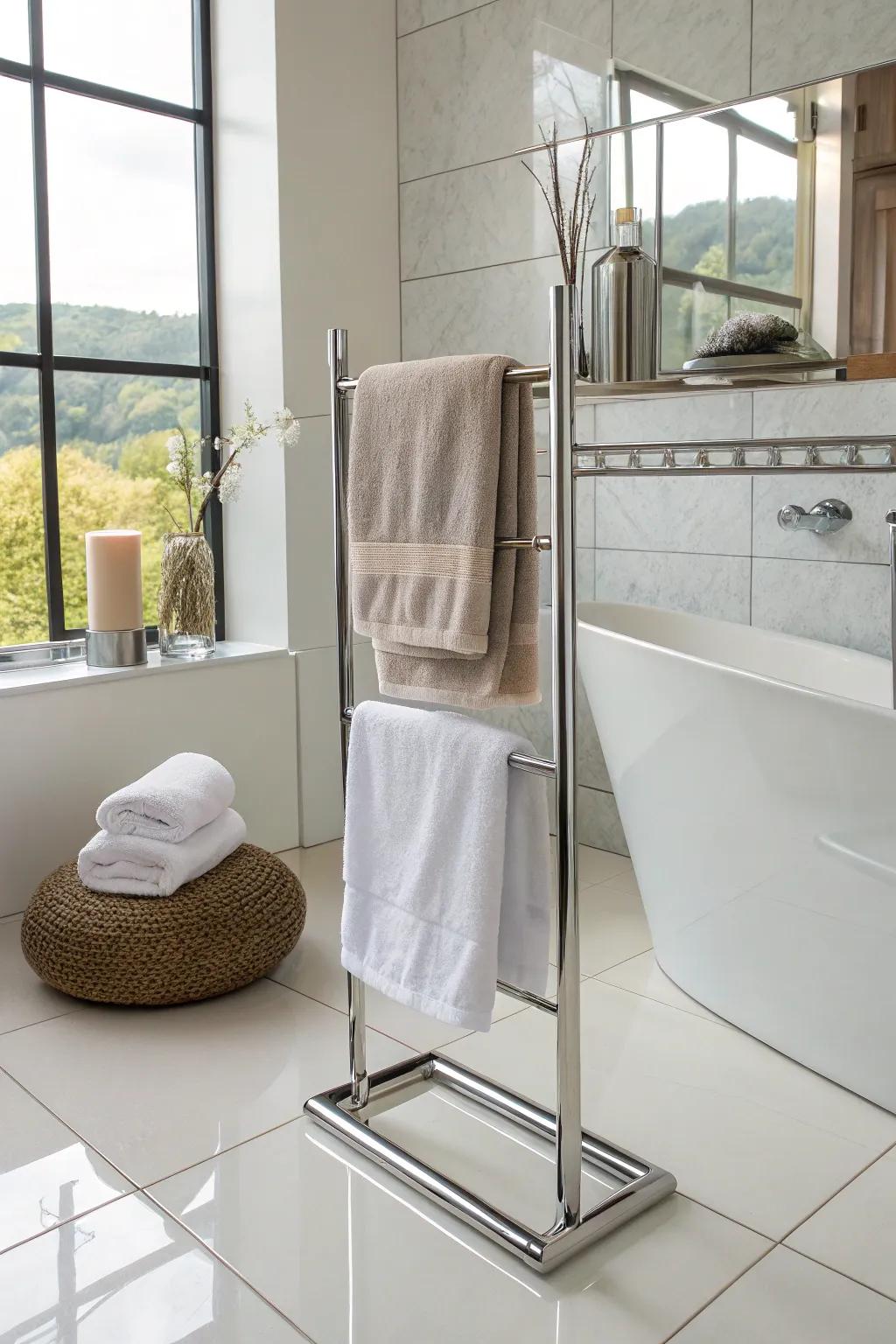 Freestanding towel stands add a luxurious feel to towel storage.