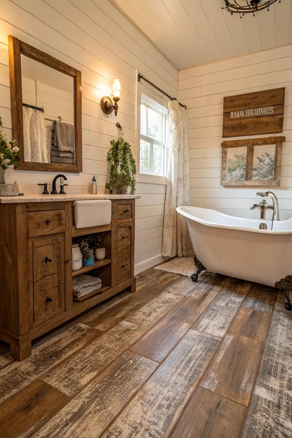 Weathered wood-look resilient flooring adds rustic charm to this country-inspired bathroom.