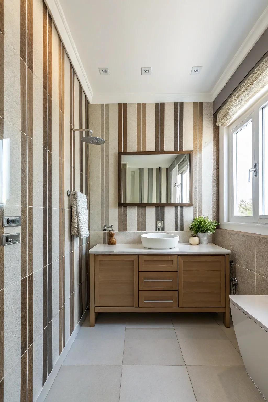 Vertical patterns add height and dimension to bathroom walls.