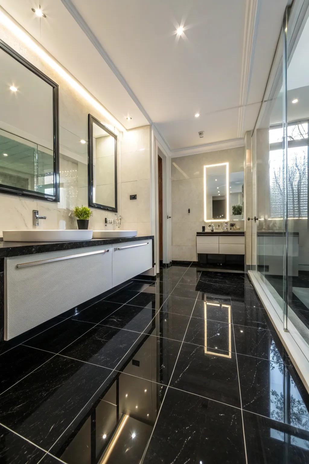 Reflective surfaces brighten up the room and enhance the black floor.