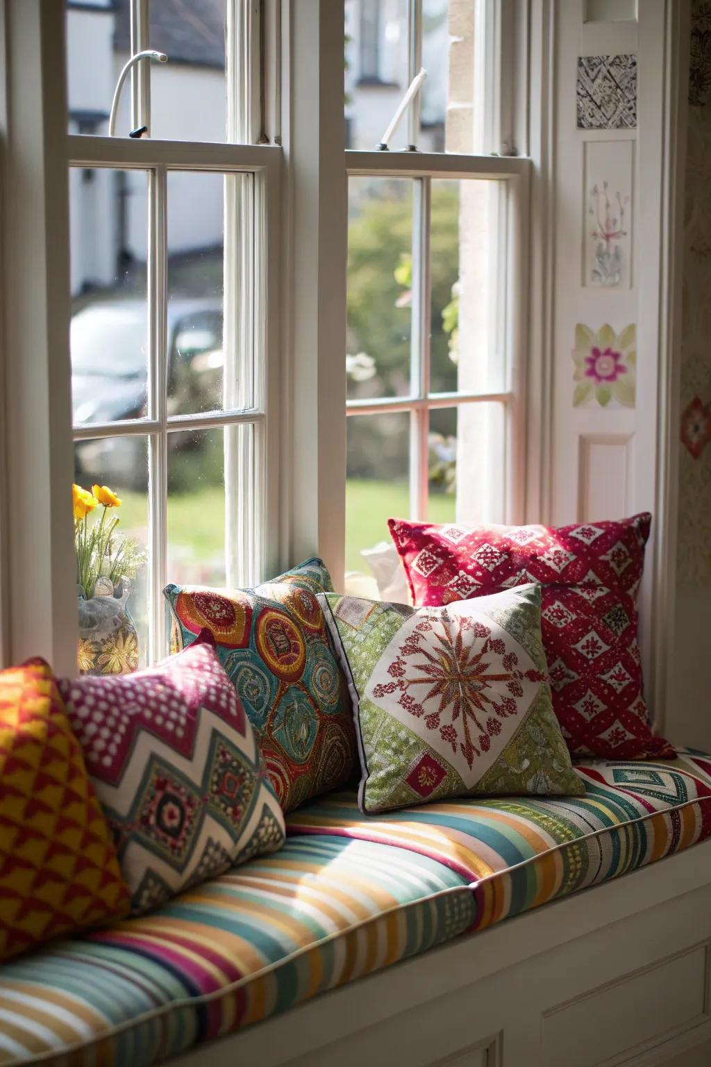 An range-filled assortment of cushions gives flavor and personality to your window seat.