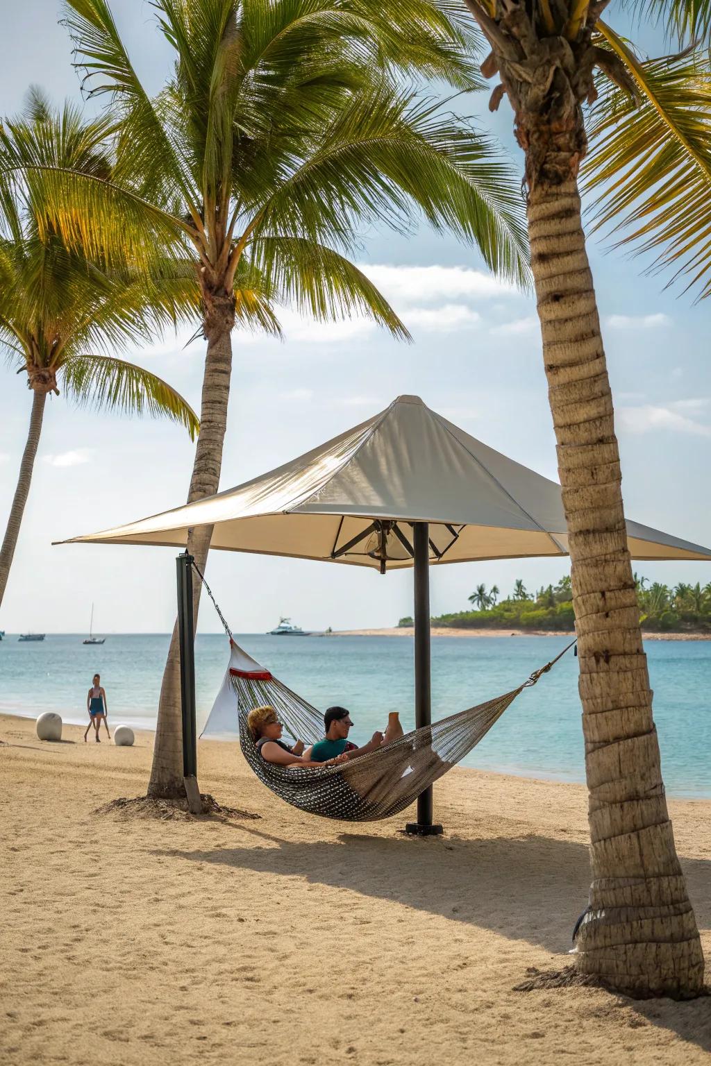 Unwind in a hammock with built-in shade for the finest beach siesta.