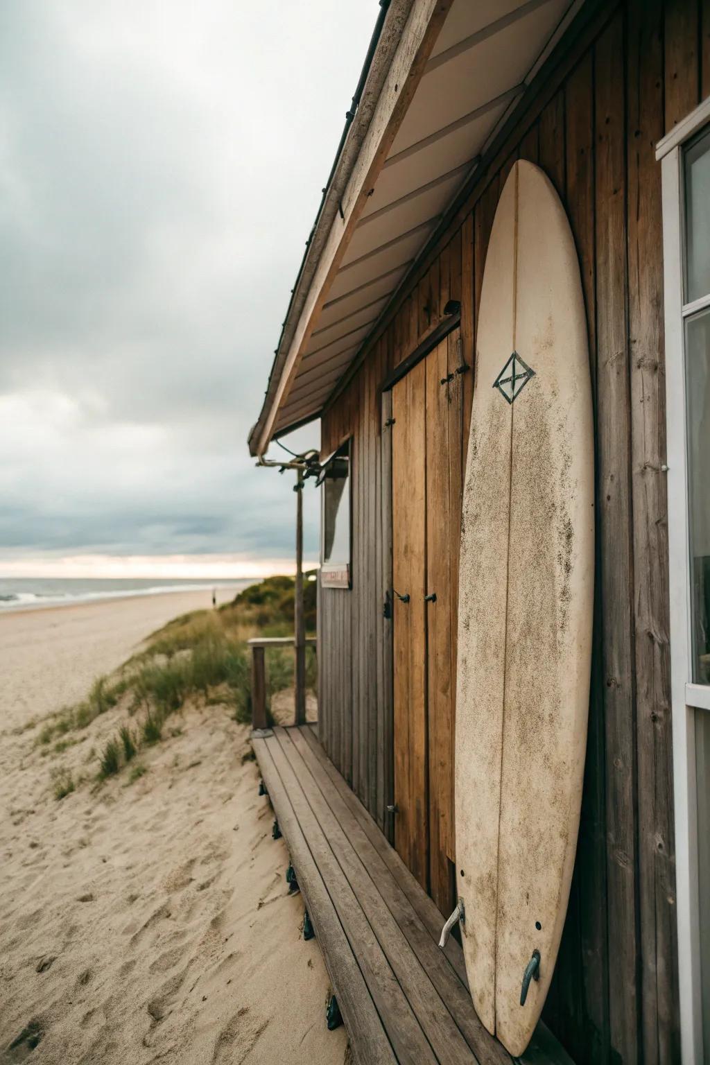 A retro wave board contributes a reliable coastal touch to the beach-themed refuge.