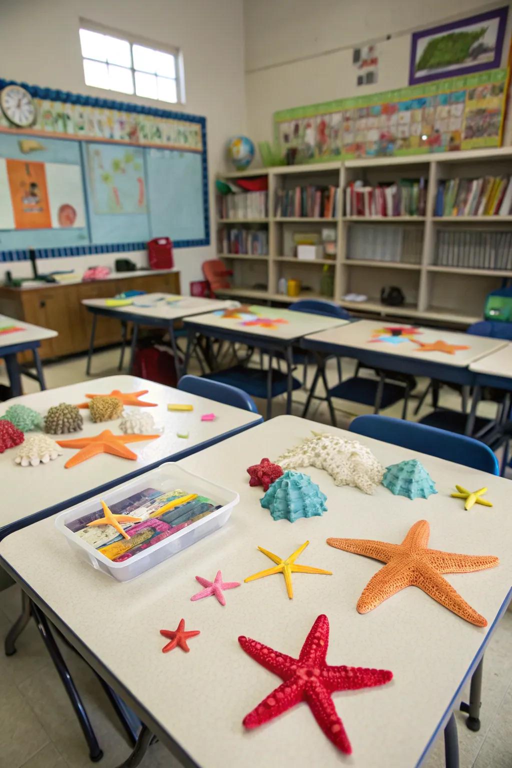 Starry seashell embellishments bring natural beach elements into the classroom, enhancing the coastal atmosphere.