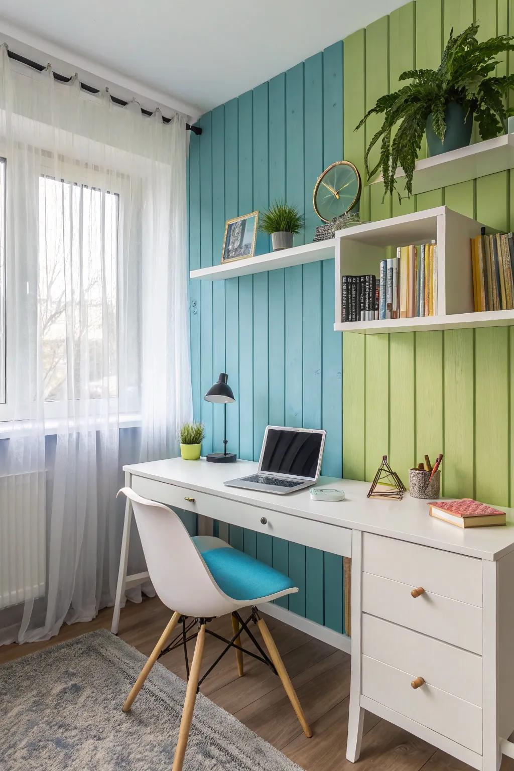 An eclectic office space featuring colorful beadboard walls.