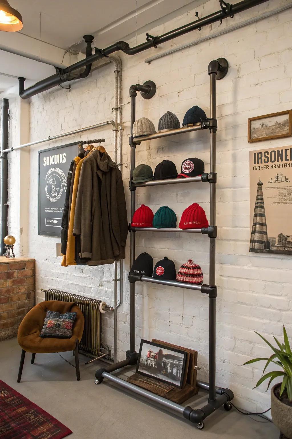 Industrial pipe racks lend an urban edge, transforming your beanie display into a statement of modern cool.