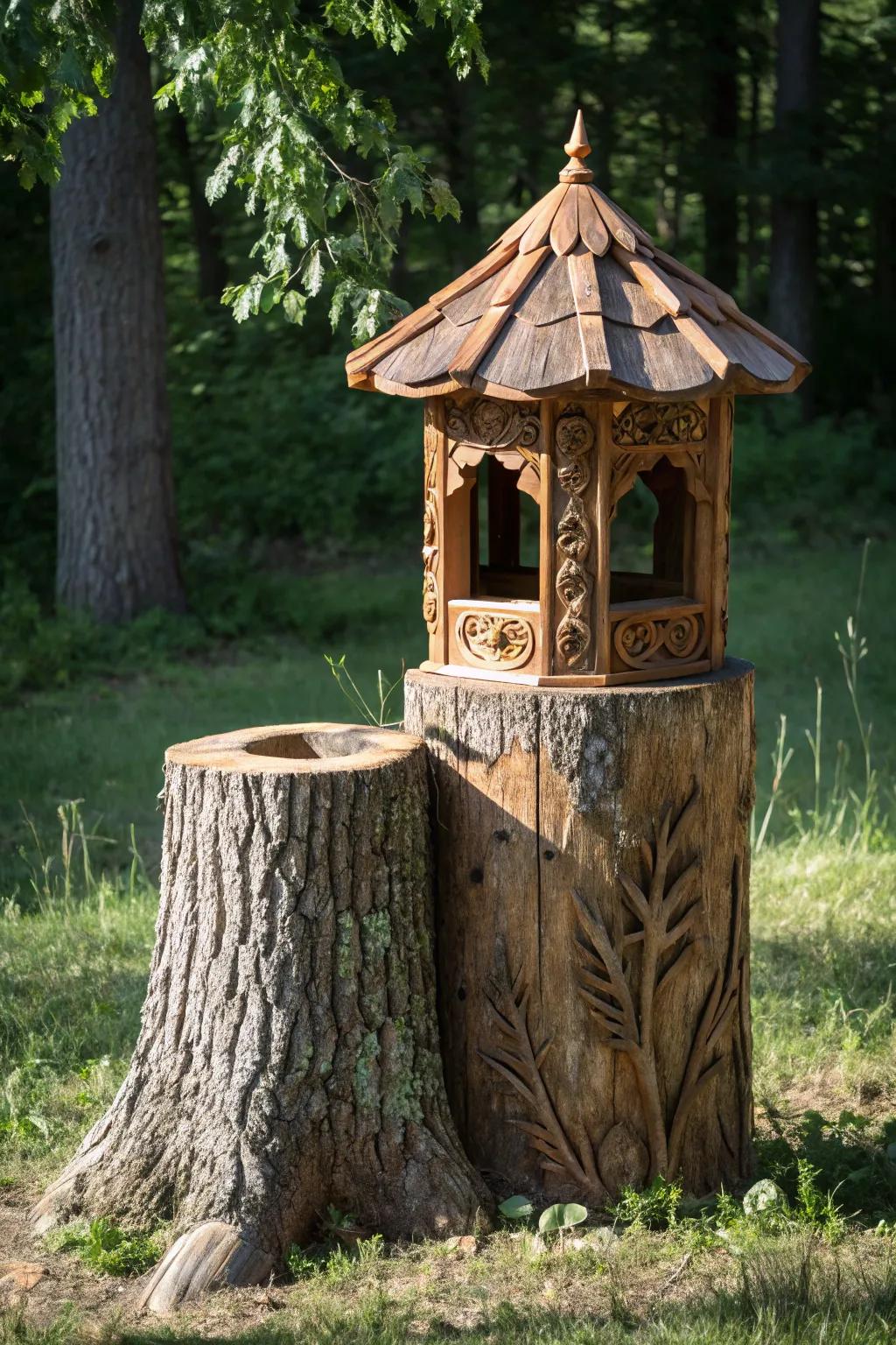 Learn to hide: A deer feeder concealed inside an amazing handcrafted tree stump.