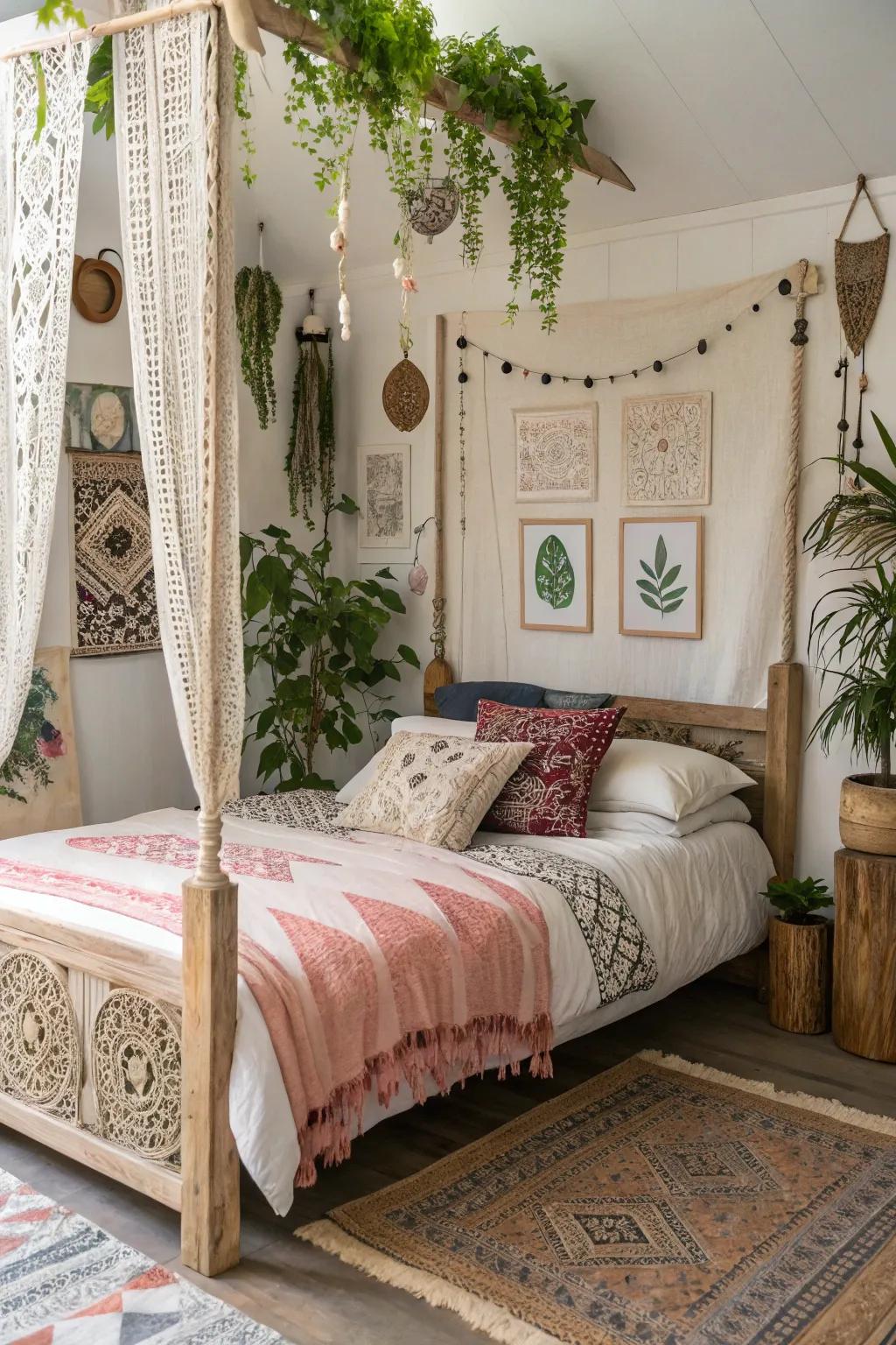 A free-spirited bed frame creates a laid-back and artistic atmosphere.