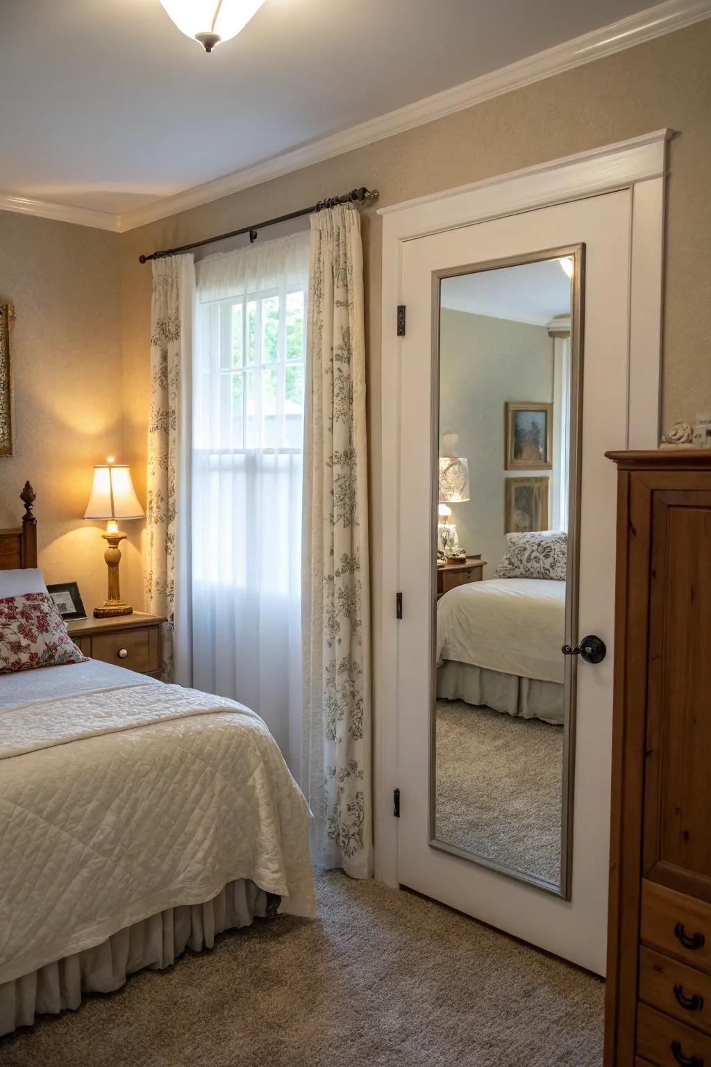 A cleverly placed hidden mirror behind a bedroom door maximizes space.