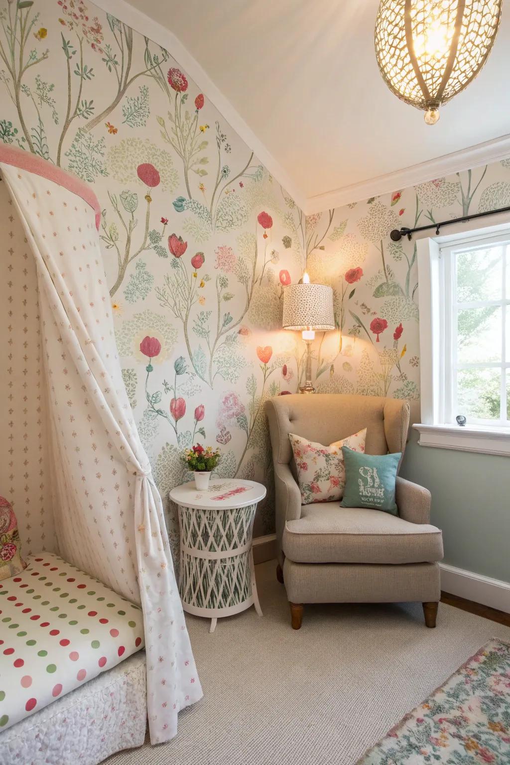 Playful wallpaper turns this bedroom nook into an engaging space.