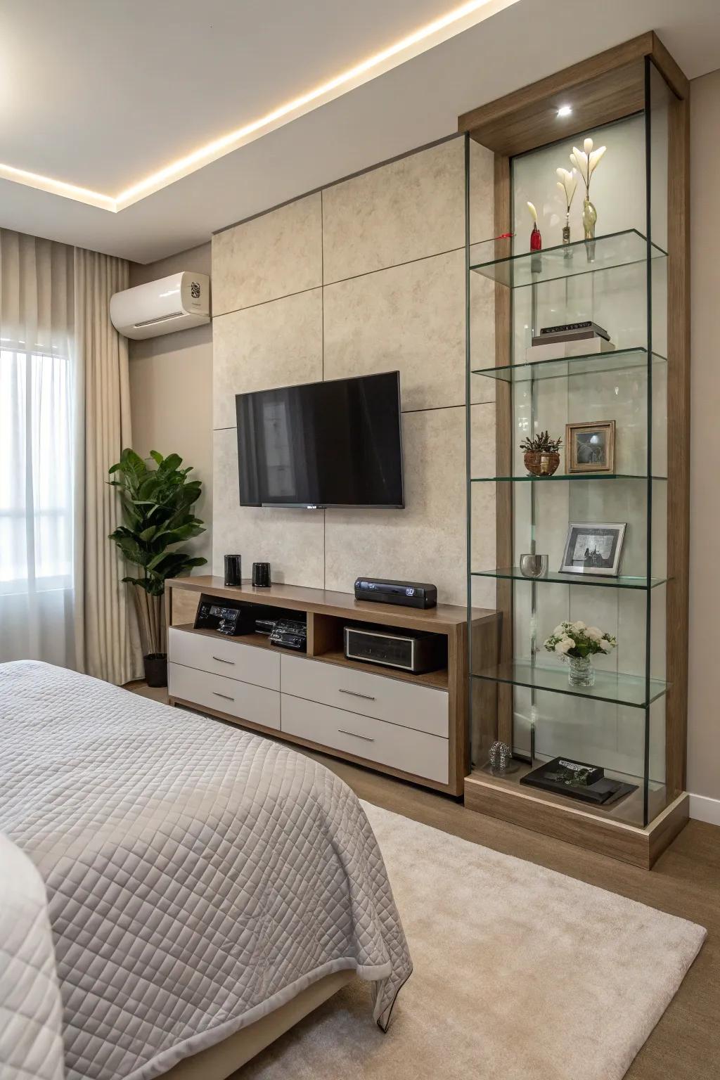 Glass shelves add a modern, sleek feel.