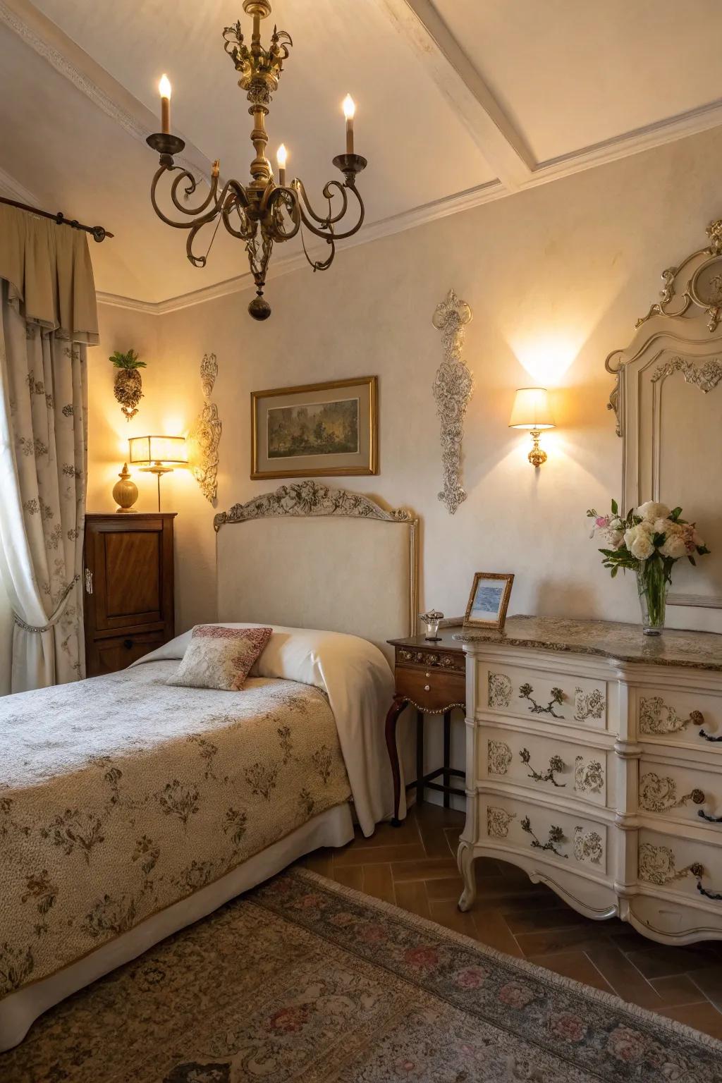 Vintage sconces add charm and timeless appeal.