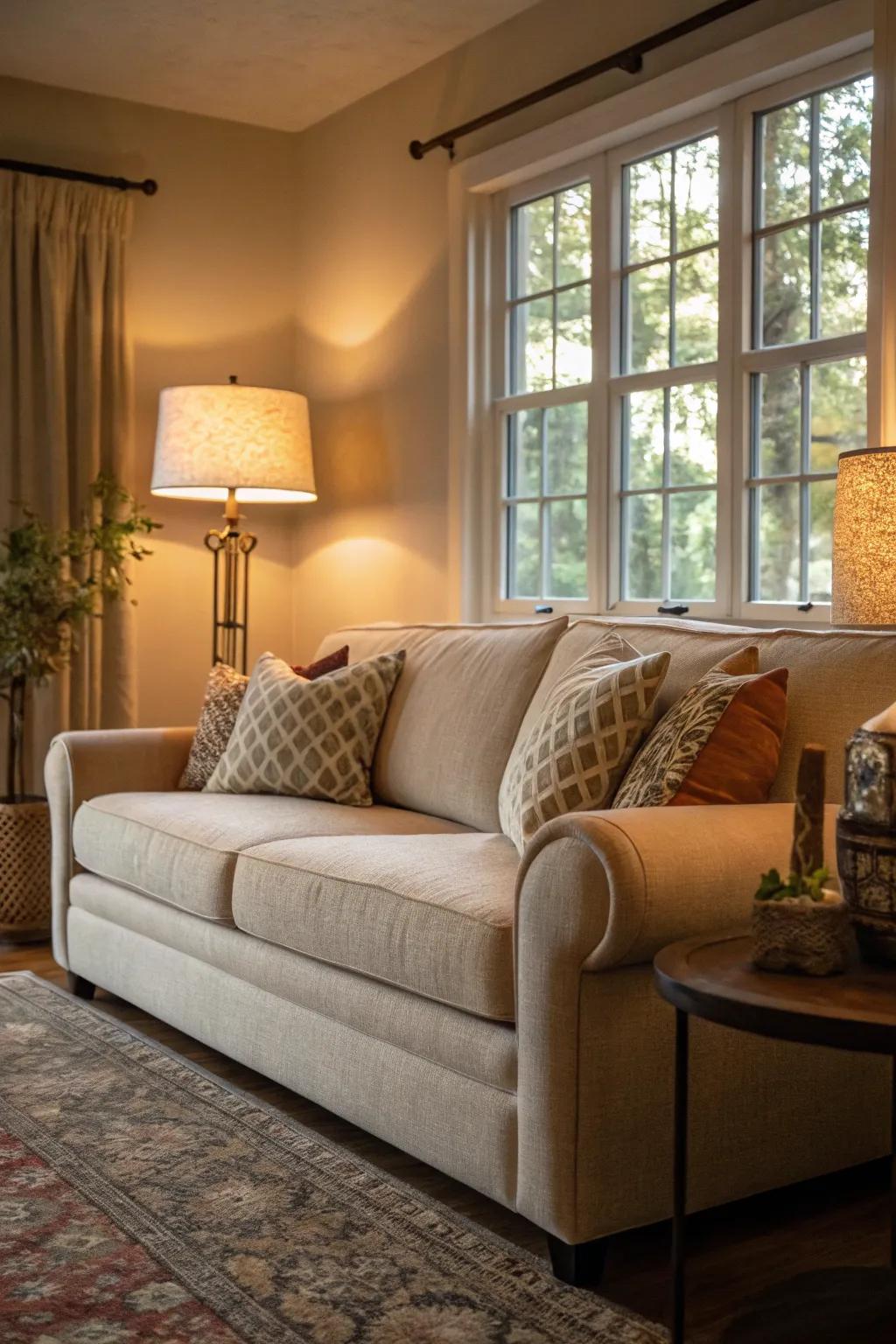 Warm ambient lighting wraps a living space with a wheat-toned sofa.