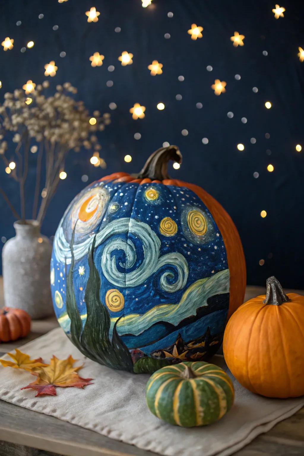 Explore the cosmos utilizing pumpkins exhibiting a galaxy theme.