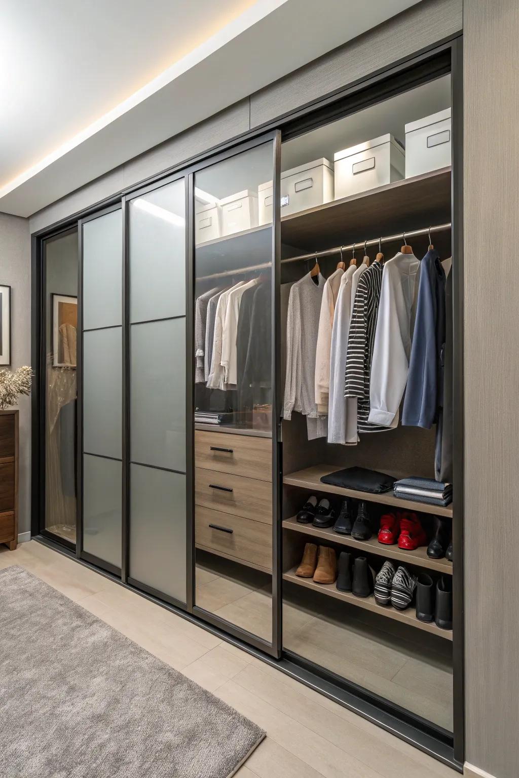 A closet with sleek sliding doors that maximize space.