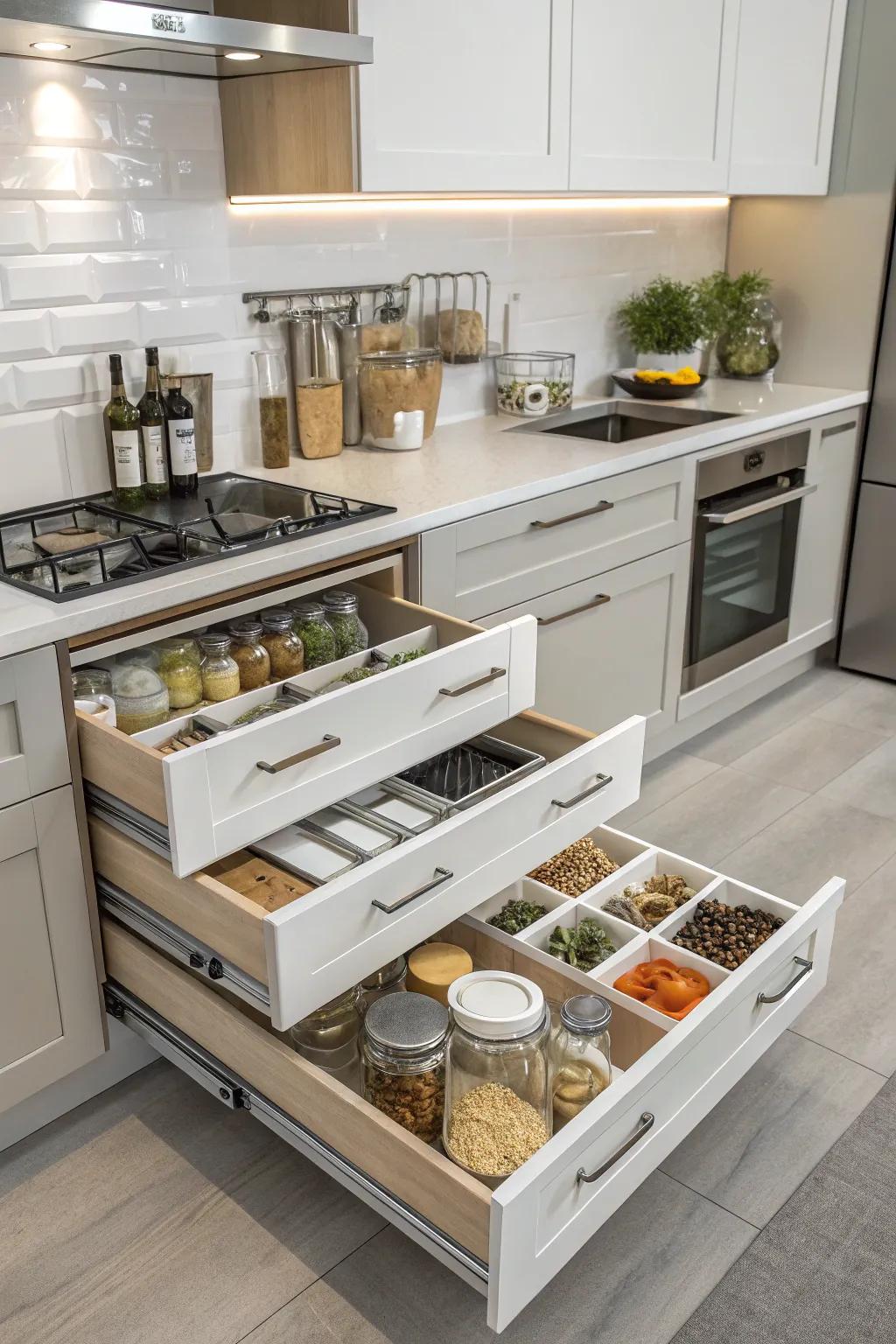Clever storage solutions guarantee a neat kitchen.