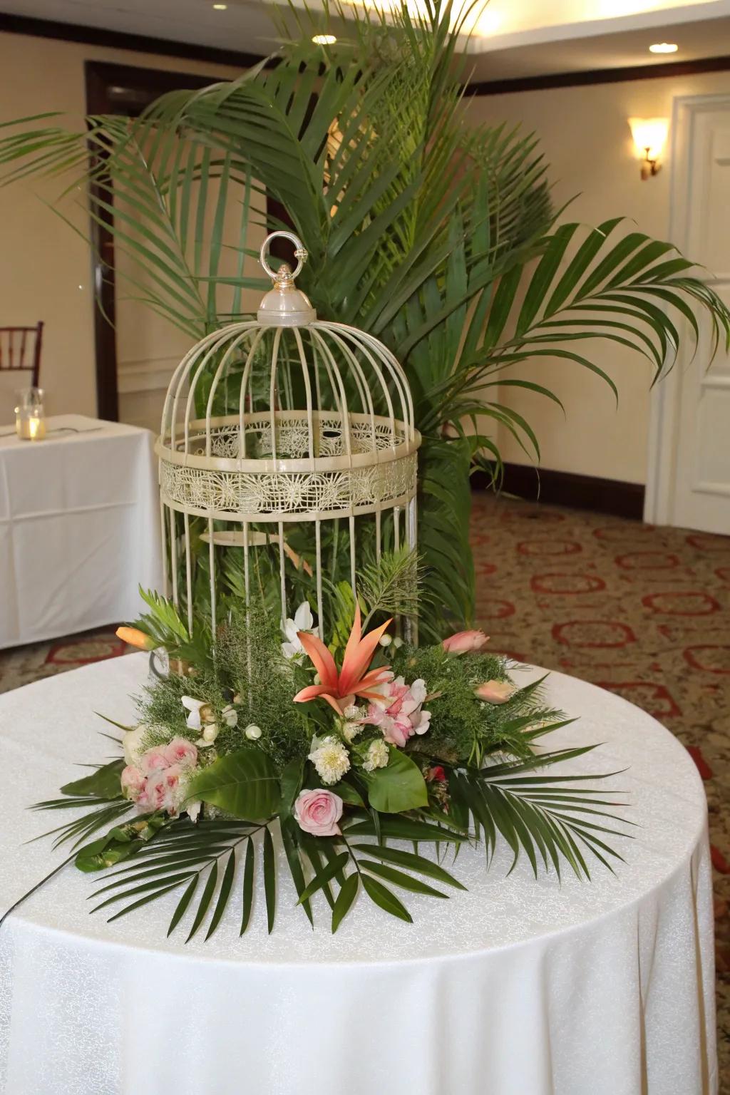 A tropical-motif cage centerpiece distinguished by lush verdure.