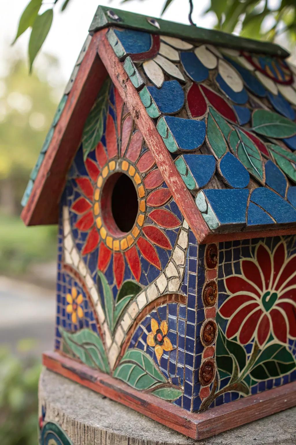 Transform your birdhouse into a Mosaic Marvel with bold colors and intricate patterns that captivate the eye.