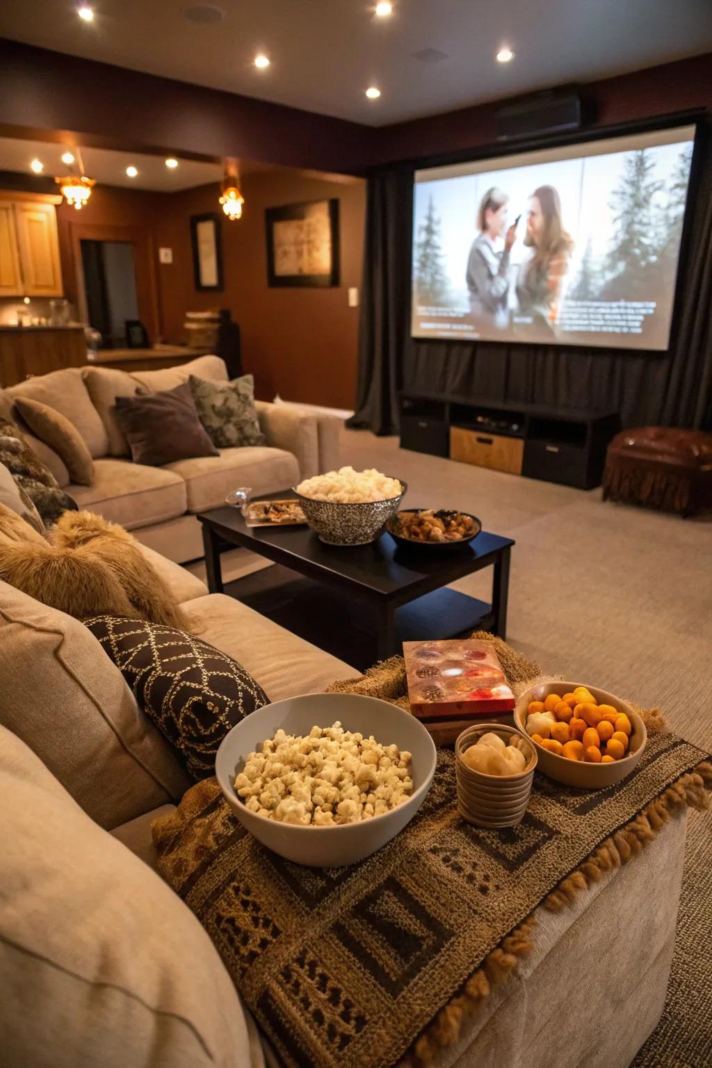 A living room converted into a cozy home cinema experience.