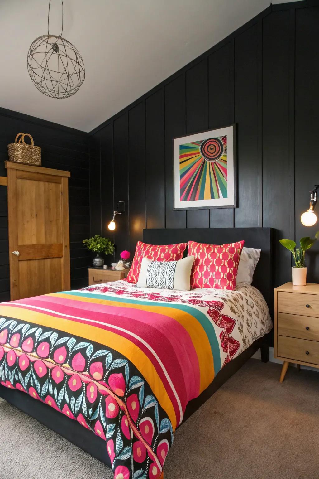Strong bedding appends vibrancy to a black statement wall within this bedroom.