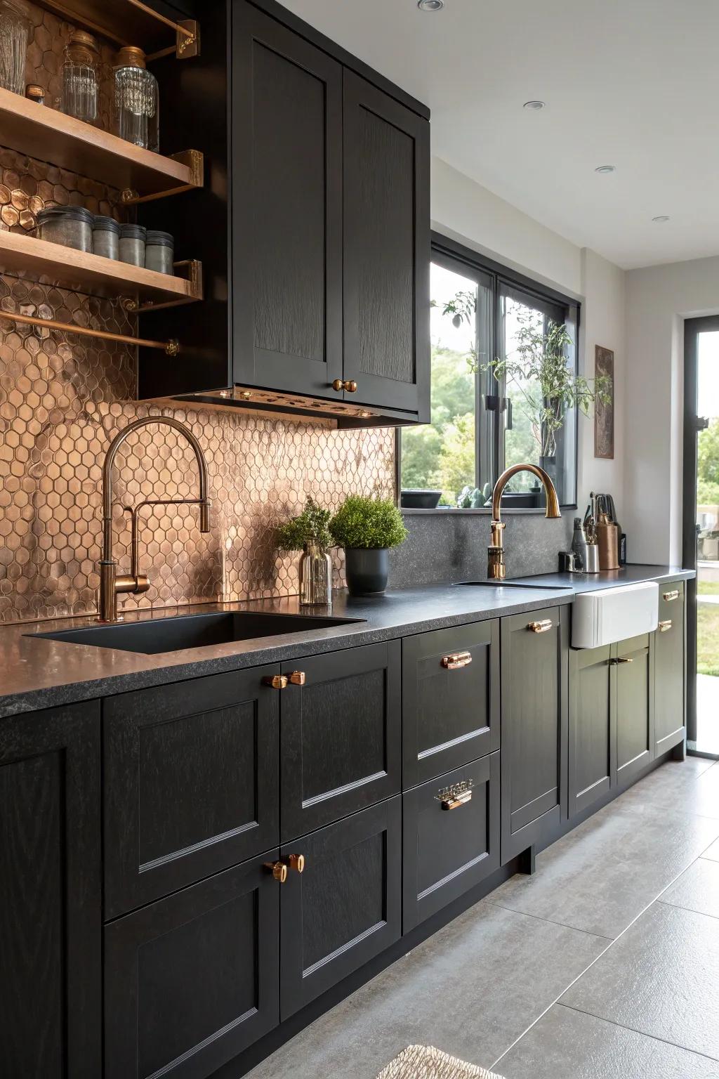 Contrasting textures enrich a black and copper kitchen with depth.
