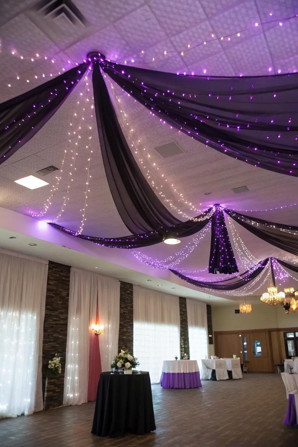 A dreamy ceiling design featuring purple fairy lights.